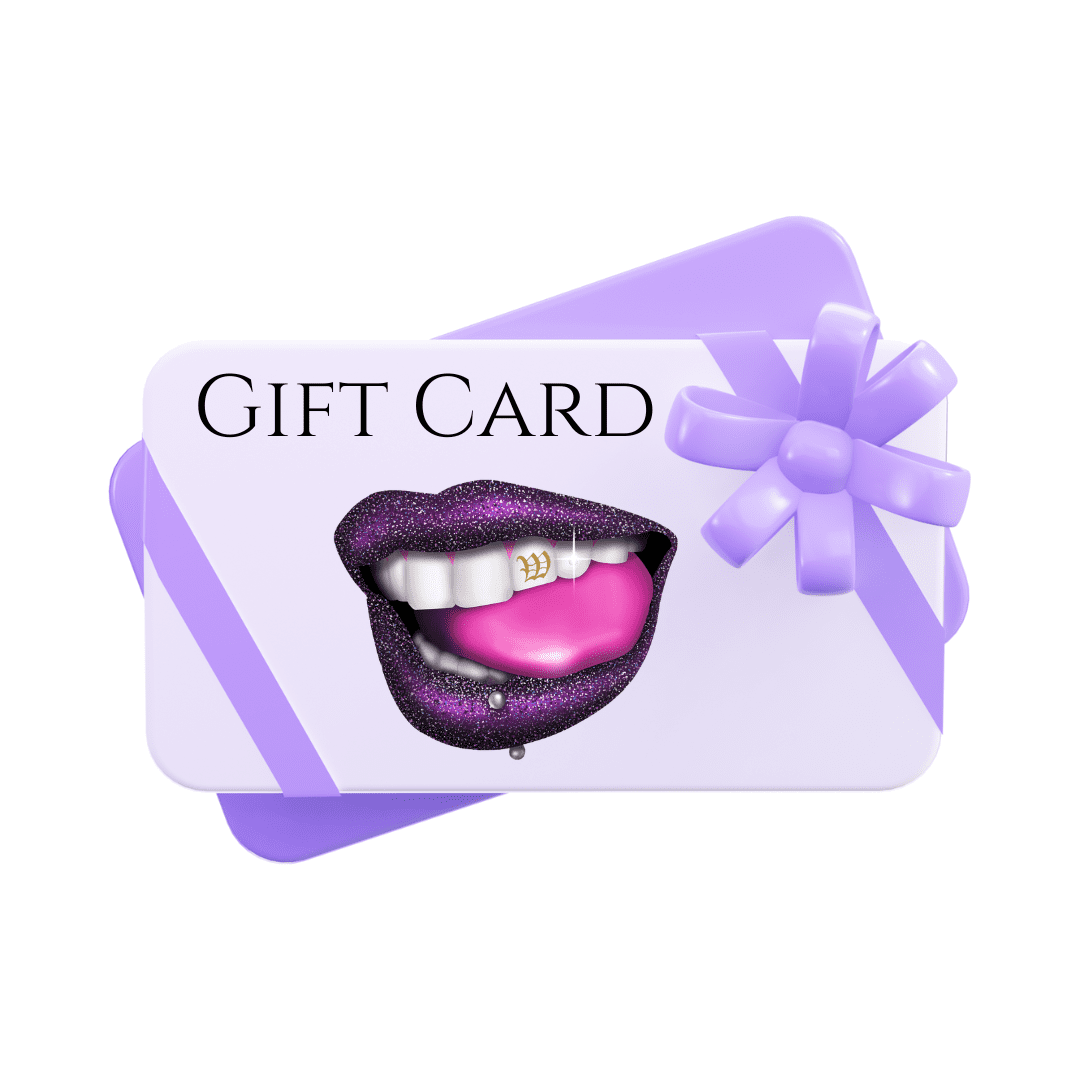 A gift card with a picture of a mouth and a bow.