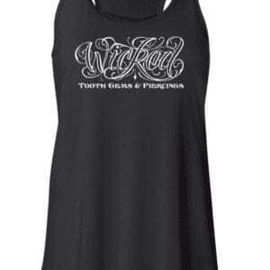 A black tank top with the words wicked teeth gums & plaques written on it.