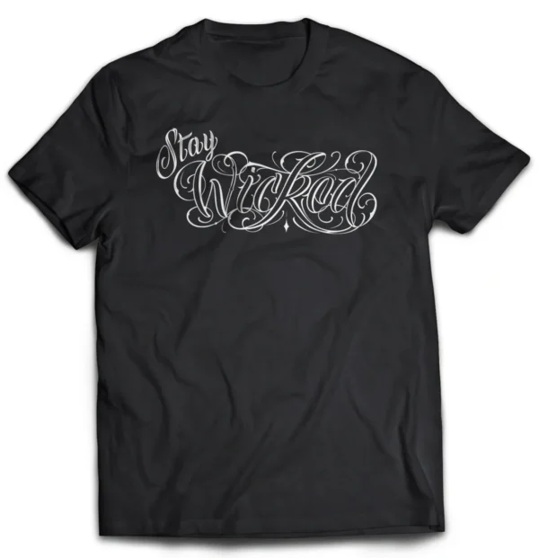 A black t-shirt with the word wicked written in white.