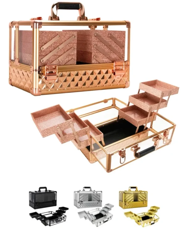 A gold case with multiple compartments and two trays.