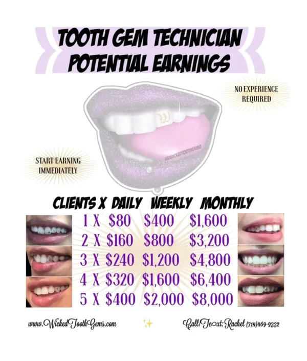 A flyer for tooth gem technician earnings.