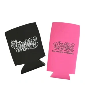 Two black and pink koozies with a white design.