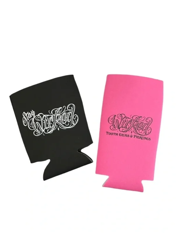 Two black and pink koozies with a white design.