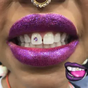 A woman with purple lips and teeth.