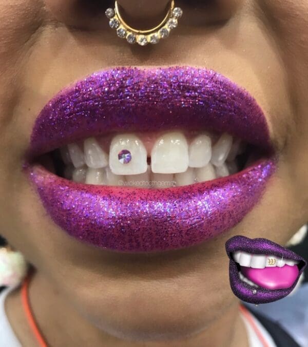 A woman with purple lips and teeth.