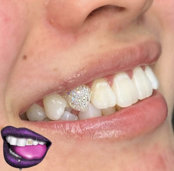 A woman with purple lips and white teeth.