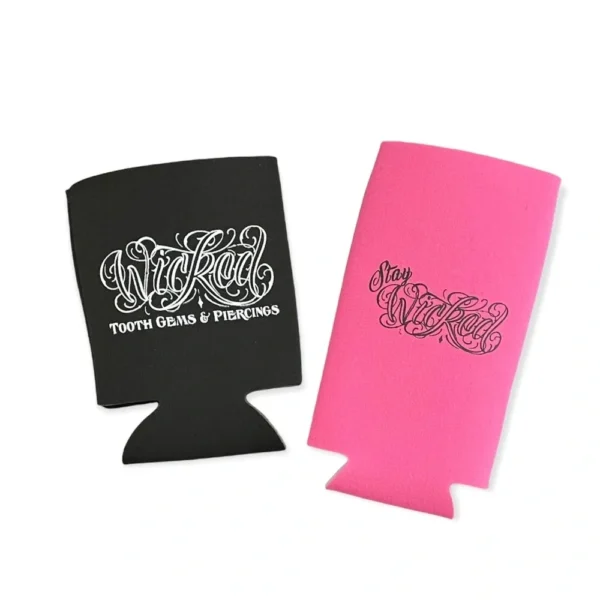 Two black and pink koozies with a logo on them.
