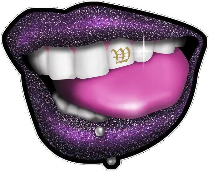 A purple mouth with white teeth and a tooth mark on it.
