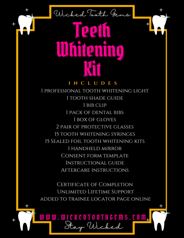 A black and yellow tooth whitening kit with instructions.