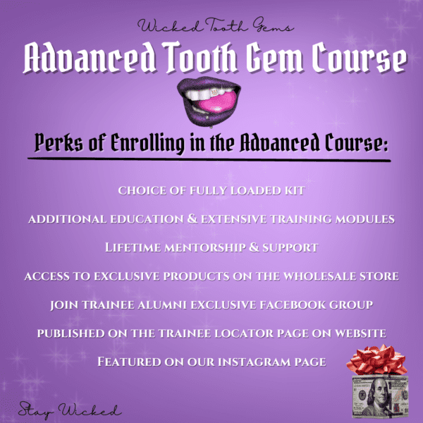 A purple poster with the words advanced tooth gem course.