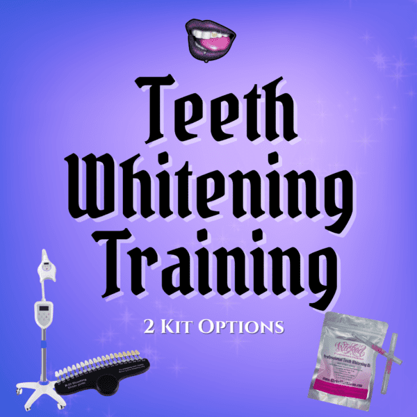 A purple background with the words teeth whitening training written in black.