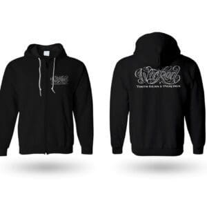 A black zip up hoodie with the words " graffiti " on it.
