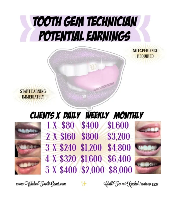 A flyer with teeth and prices for tooth gem technician.