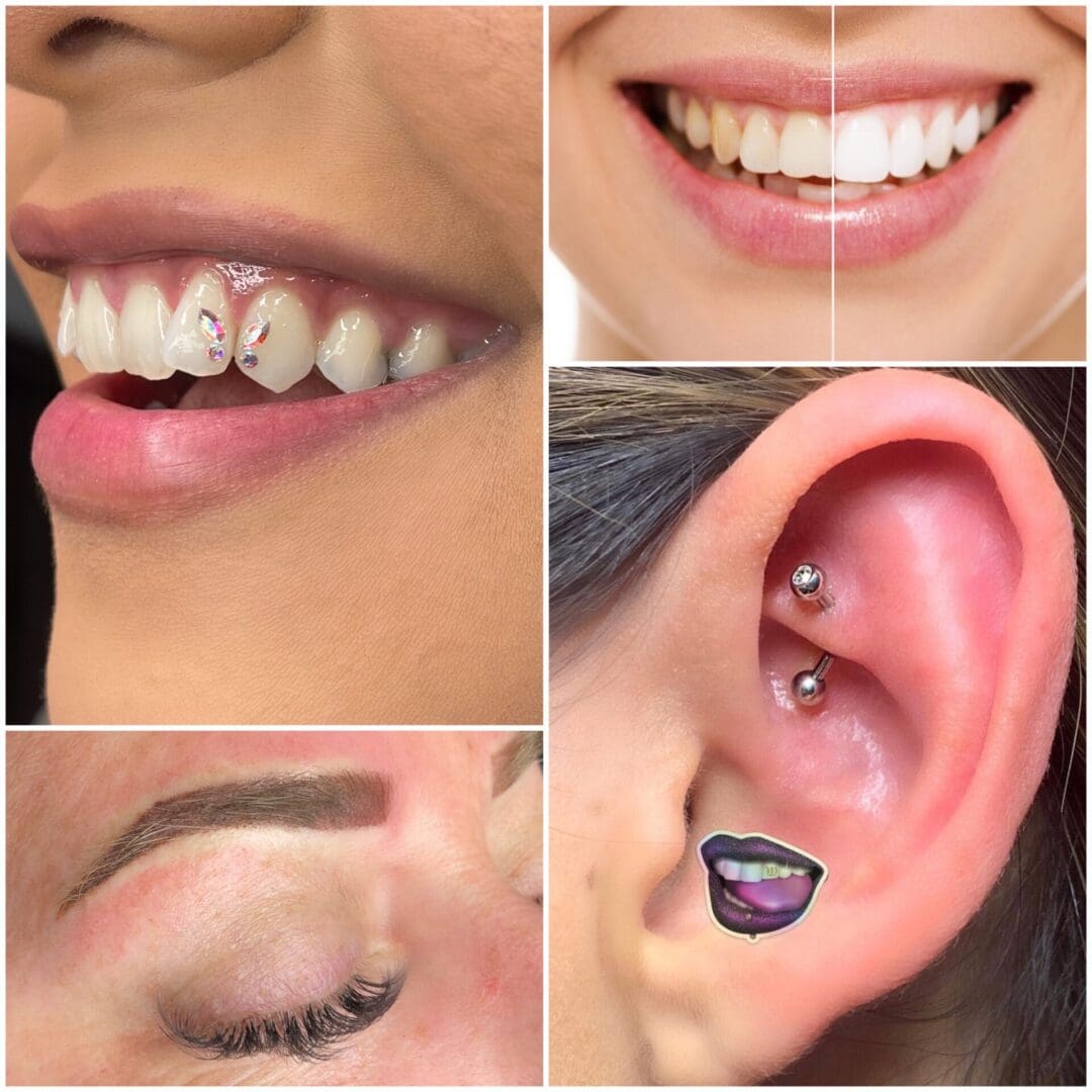 A collage of different pictures with teeth and ear piercings.