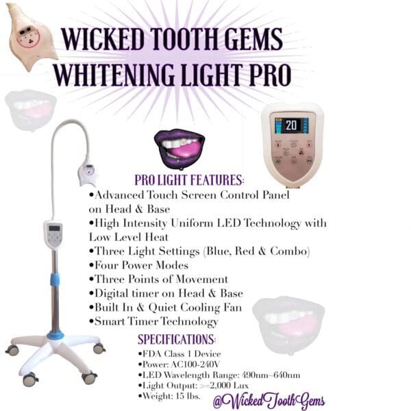 A flyer for the wicked tooth gems whitening light pro.