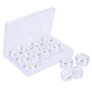 A set of 1 2 clear plastic cups in a case.