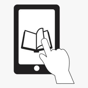 A hand is touching an ipad with a book on it.