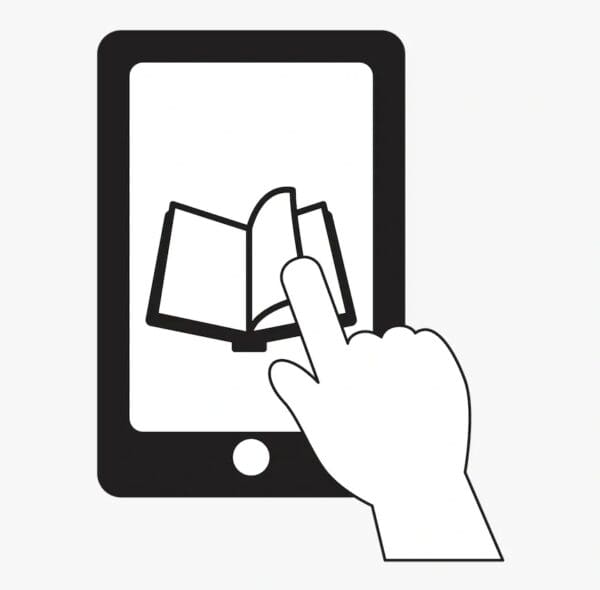 A hand is touching an ipad with a book on it.