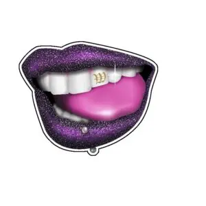 A purple mouth with white teeth and pink tongue.