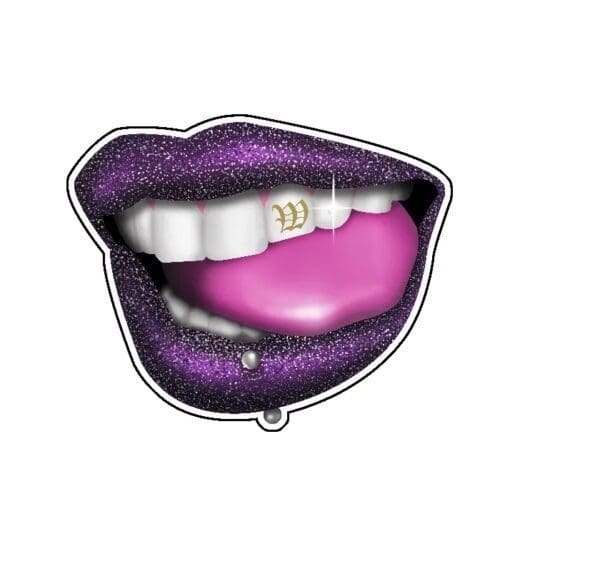 A purple mouth with white teeth and pink tongue.