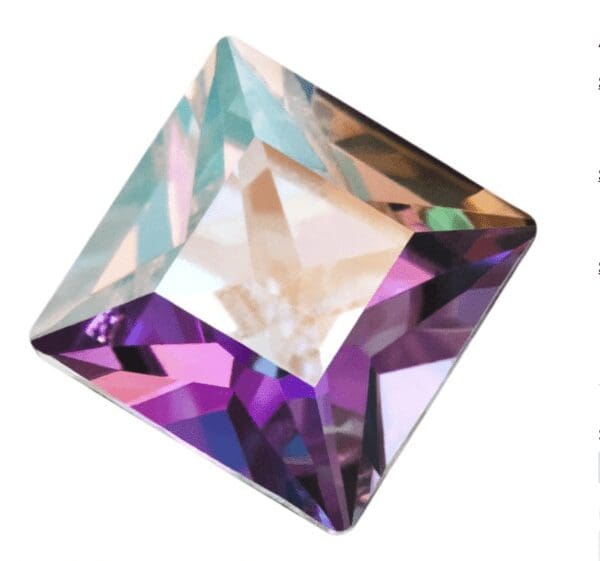 A square shaped crystal with purple and white colors.