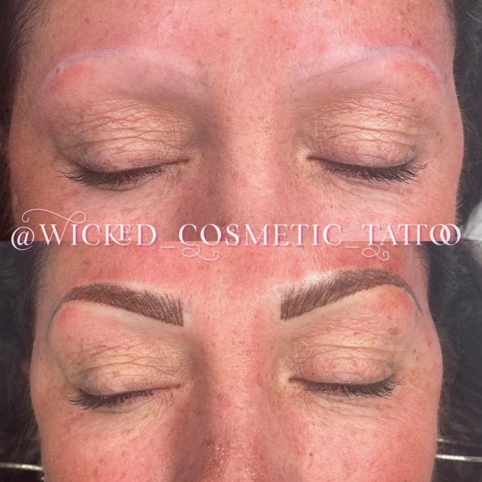 A woman with her eyes closed and the brows are tattooed.