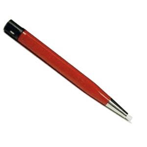 A red and black pen is shown on the white background.