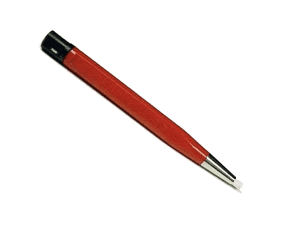 A red and black pen is shown on the white background.