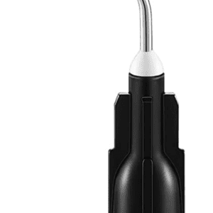 A black bottle with a white top and a metal handle.