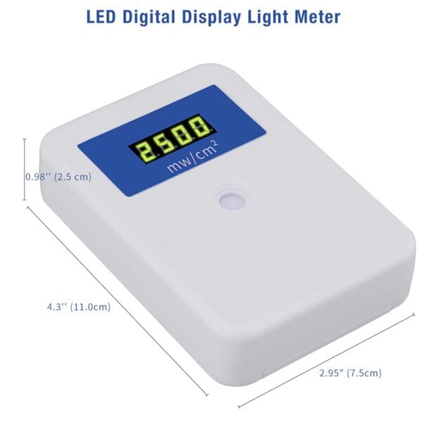 A digital display light meter with the led lit up.