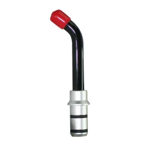 A red and black pipe with a metal cap.