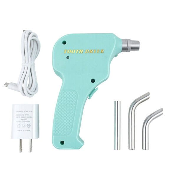 A light blue electric screwdriver with several accessories.