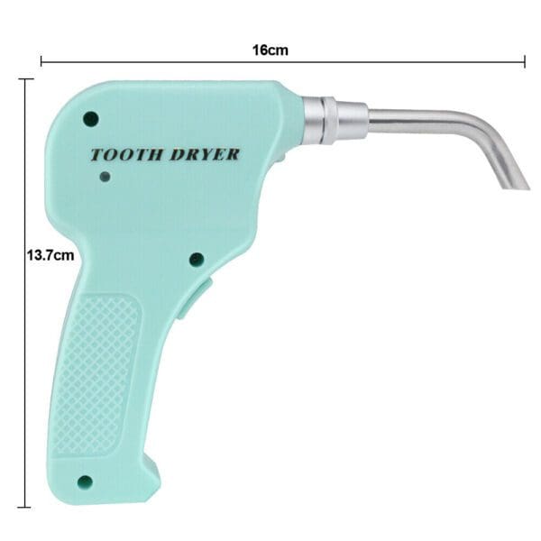 A blue tooth dryer is shown with measurements.