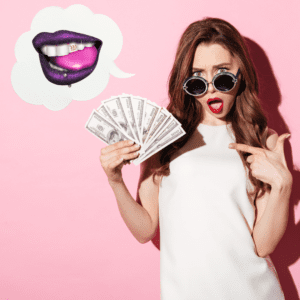 A woman holding money and wearing sunglasses.