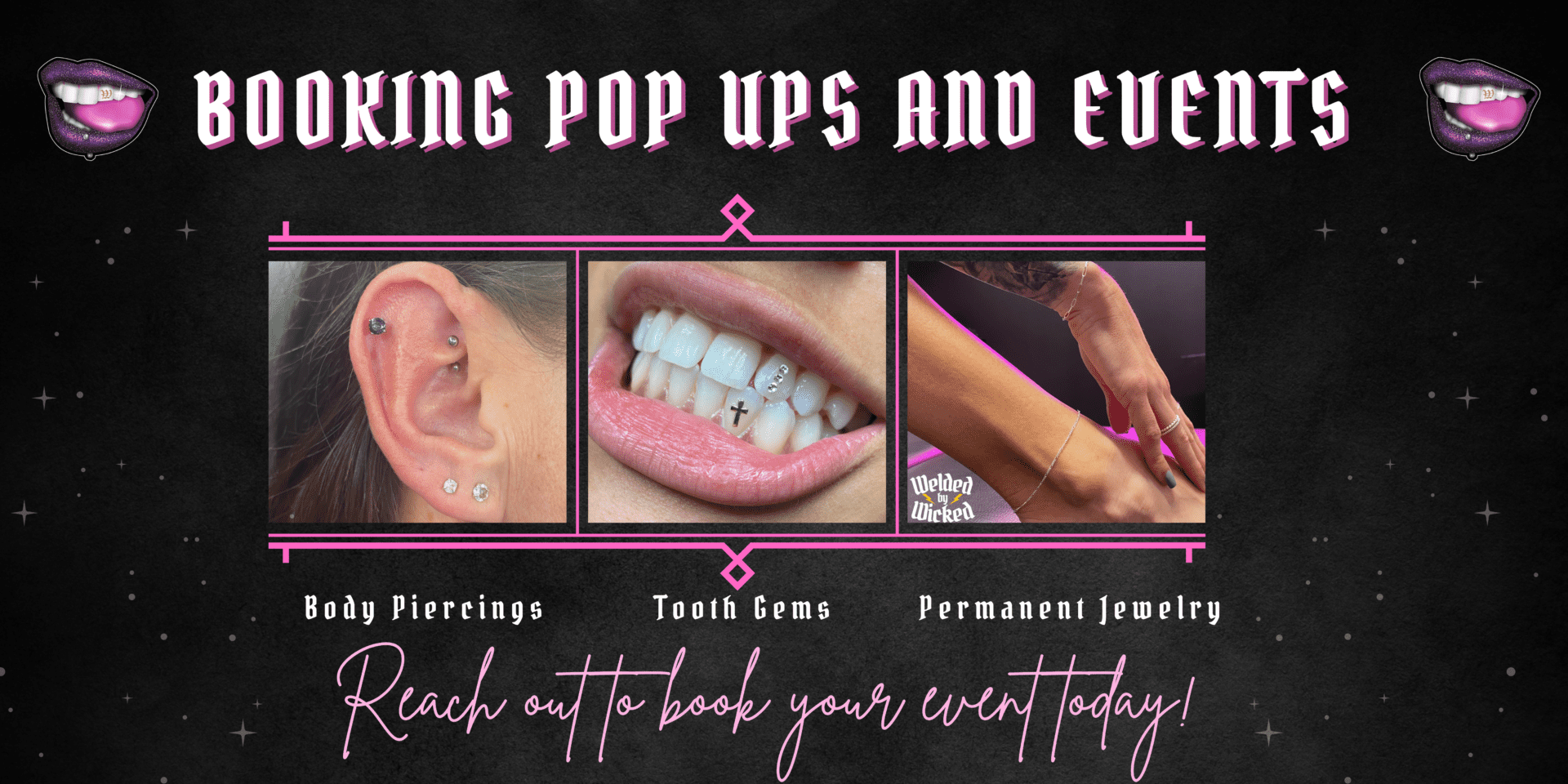 A pink and black poster with three different pictures of piercings, tooth gems, permanent jewelry.